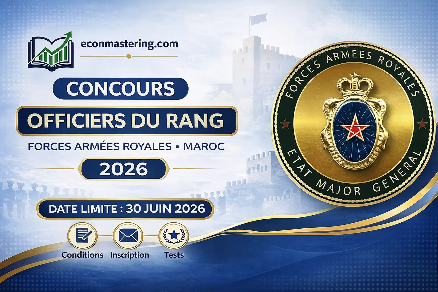 Affiche du concours FAR 2026 pour les officiers du rang, avec logo militaire et informations d’inscription.